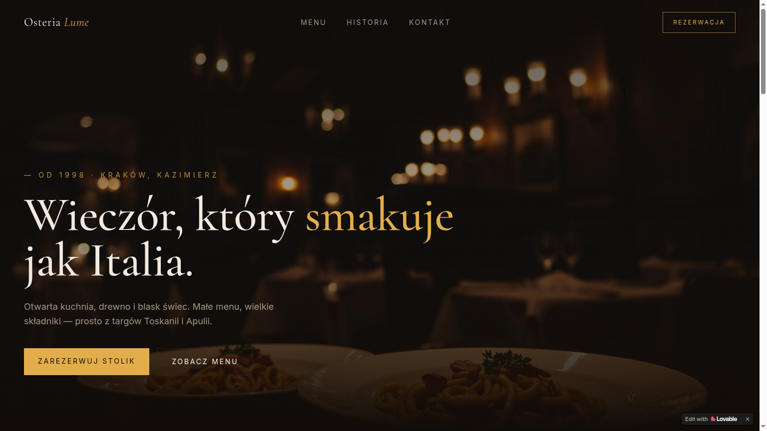 Strona restauracji z menu online i rezerwacją stolików